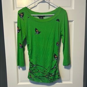 Bright Green Women's Top with Bird Print